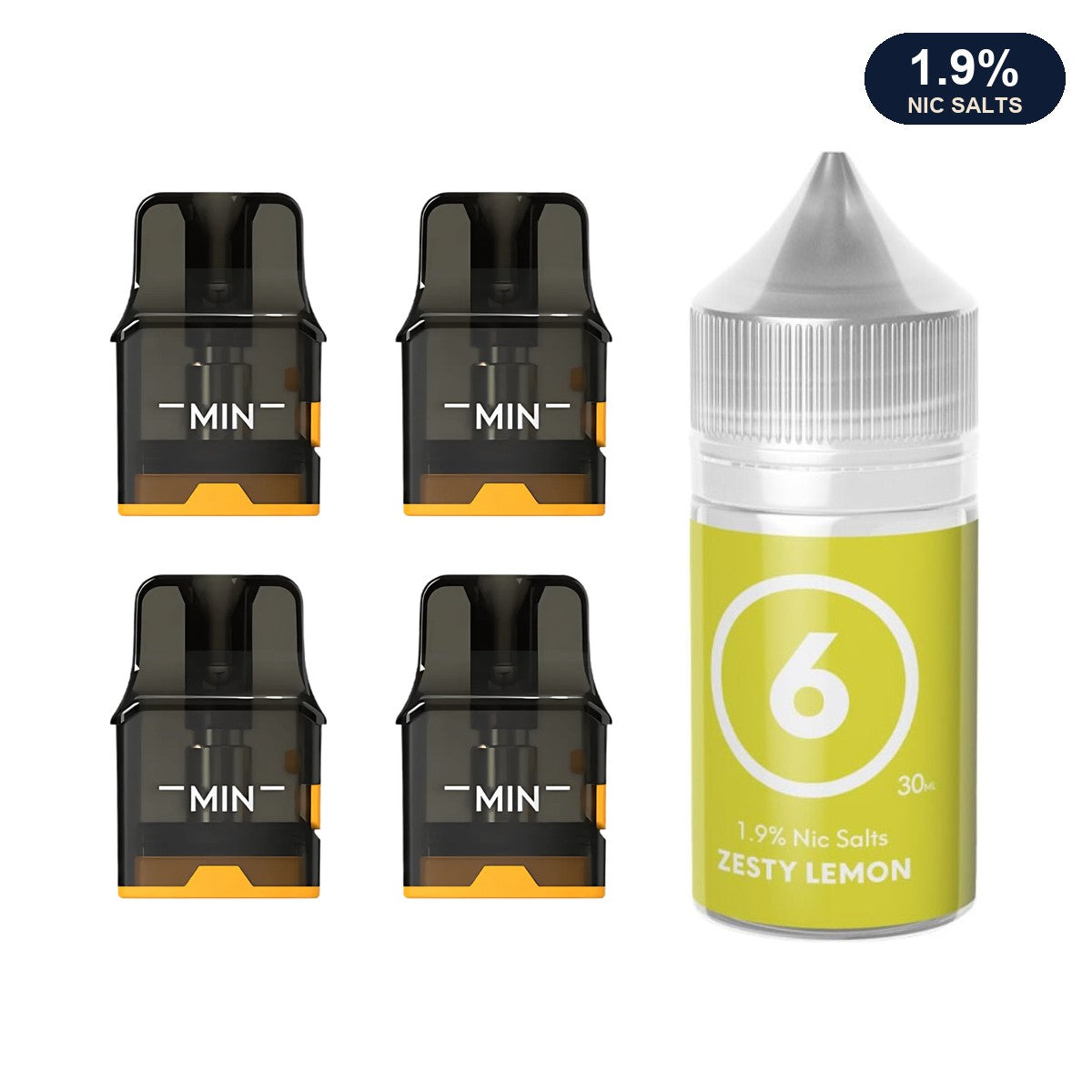 Four AirsPops Pro II / Pro LITE refillable pods with 313 Zesty Lemon 1.9% e-liquid