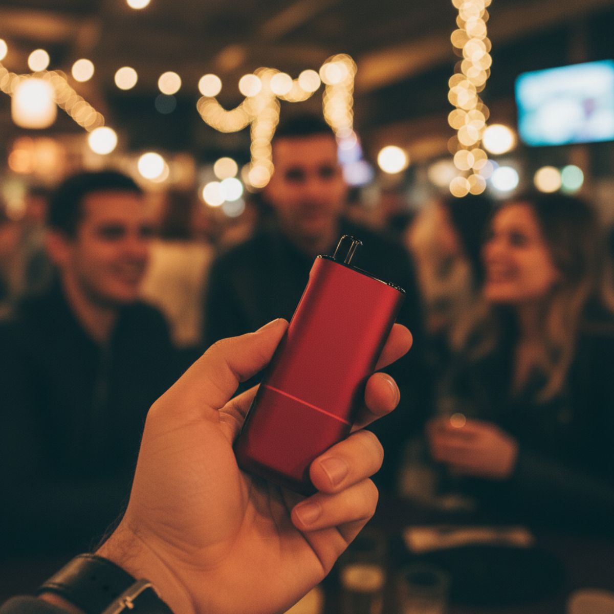 Person holding AirsPops ORKA Ruby Red in a social nightlife setting