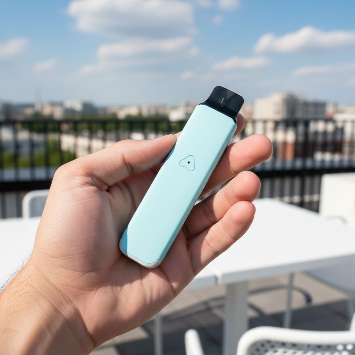 Person holding AirsPops Pro LITE Aqua Blue on a rooftop