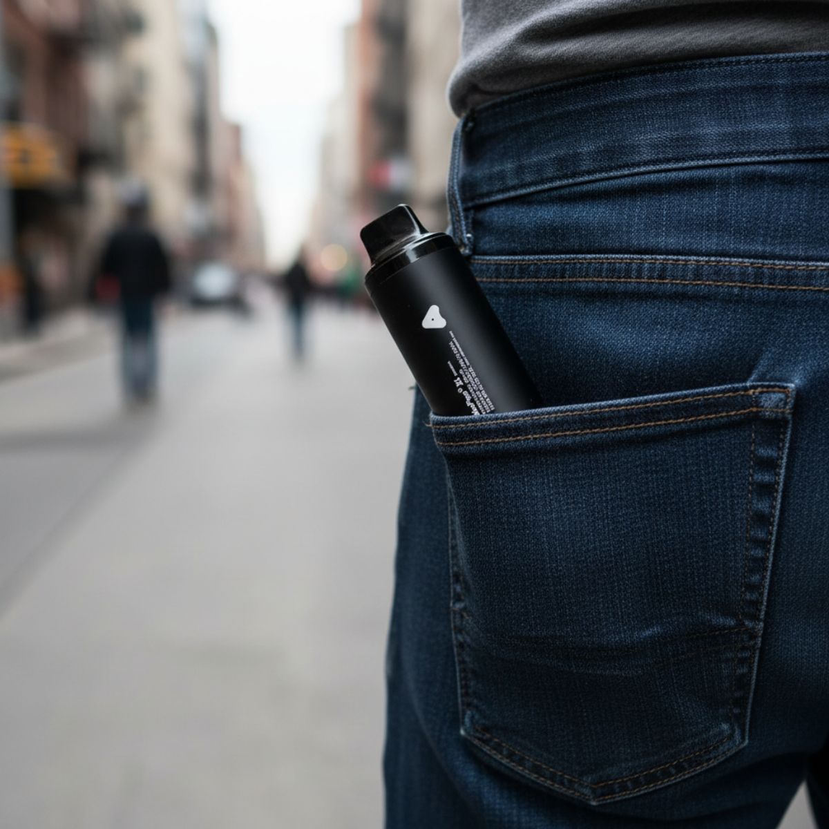 Stealth Black AirsPops XL Device in the back pocket of a mans jean pants on a street