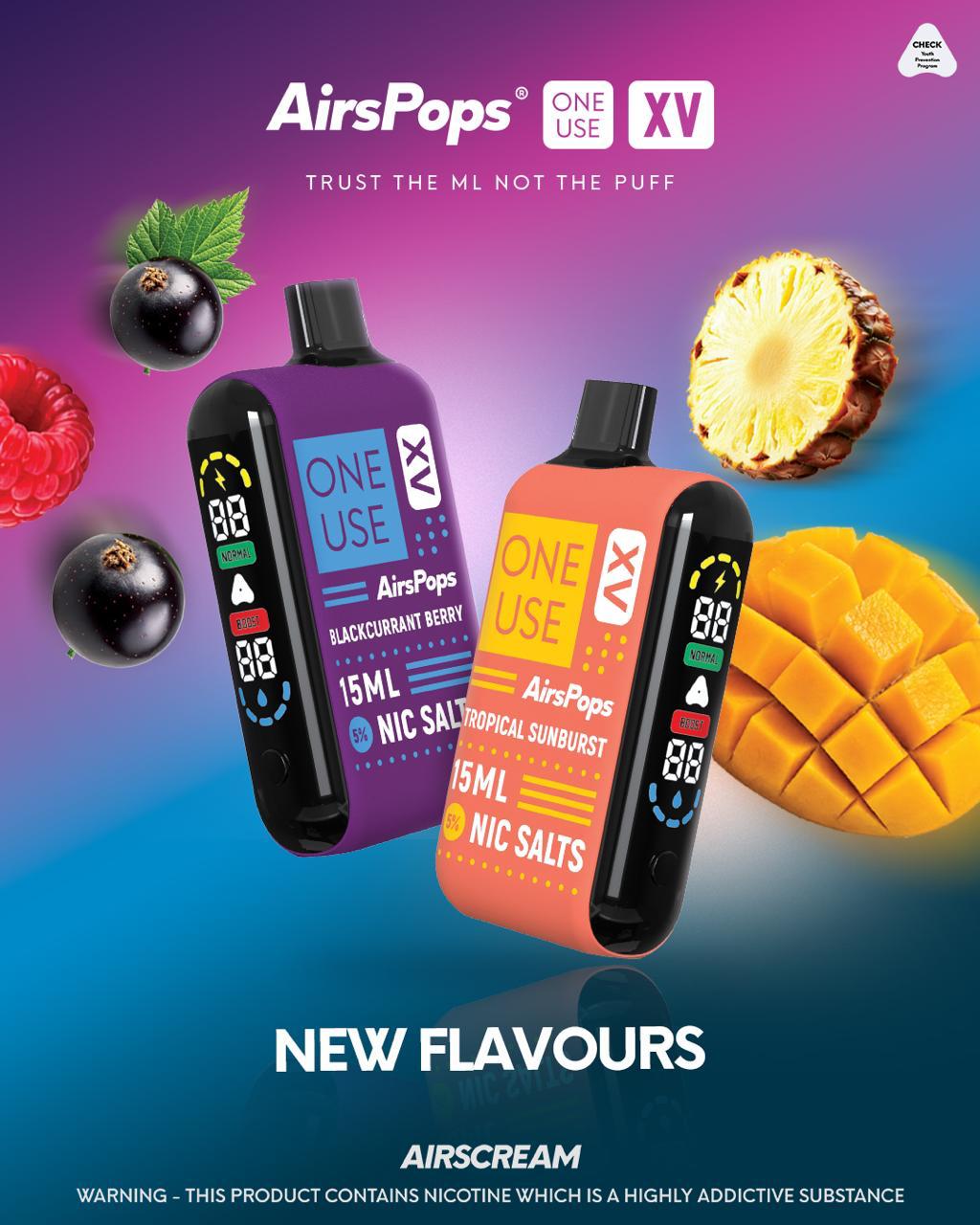 Blackcurrant Berry and Tropical Sunburst AirsPops ONE USE XV 15ml disposable vapes