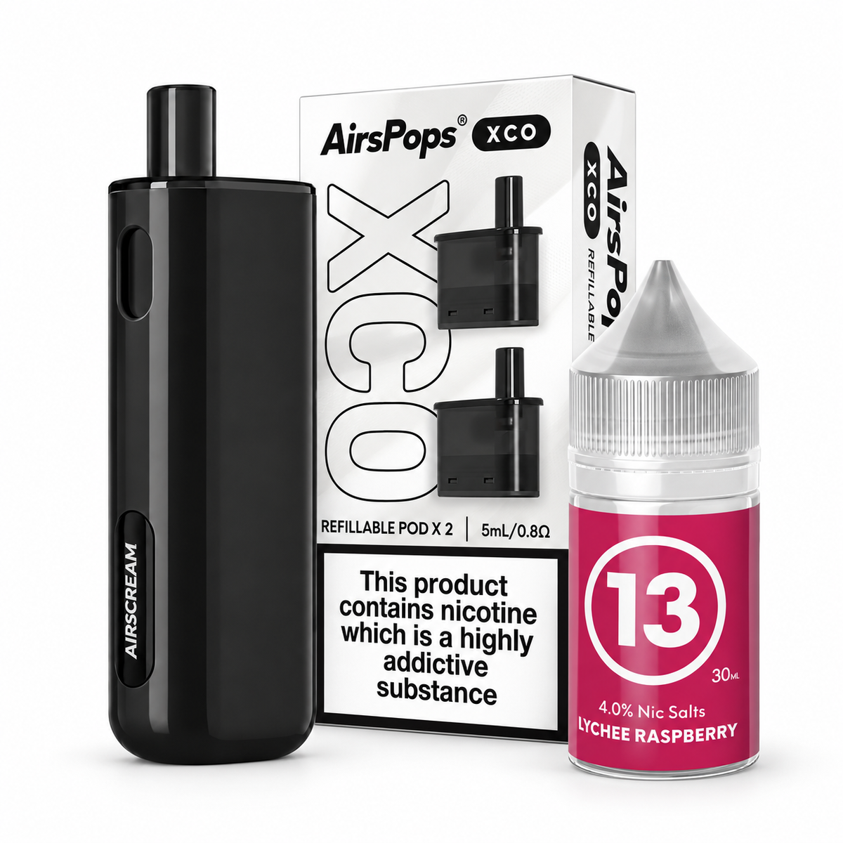 AirsPops XCO starter kit, refill-pod two-pack and 313 4.0% e-liquid bundle; colour and flavour selectable