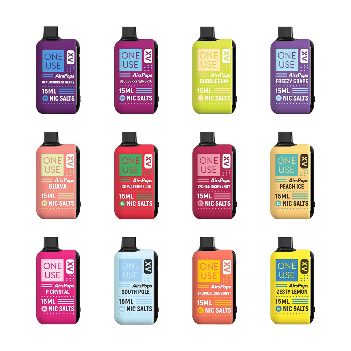 AirsPops ONE USE XV 15ml disposable vape, all twelve flavours