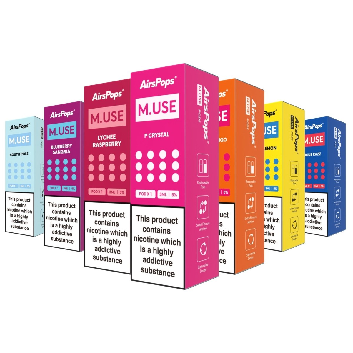 All Flavours AirsPops M.USE Prefilled Pods 3ml - 5% | Airscream AirsPops | Shop Buy Online | Cape Town, Joburg, Durban, South Africa