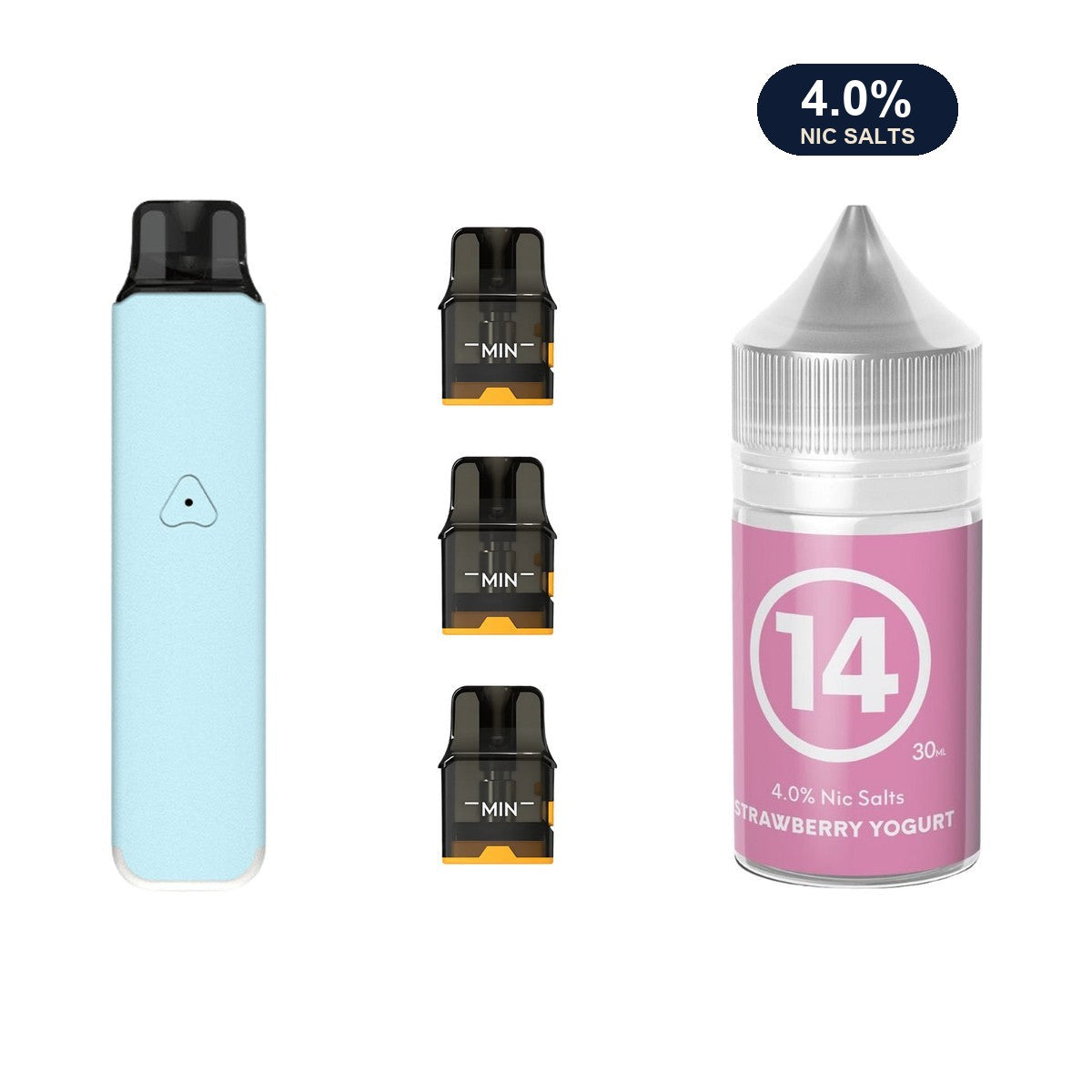 Aqua Blue AirsPops Pro LITE device, three refillable pods and 313 #14 Strawberry Yoghurt e-liquid