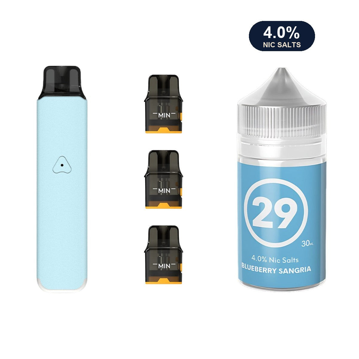 Aqua Blue AirsPops Pro LITE device, three refillable pods and 313 #29 Blueberry Sangria e-liquid