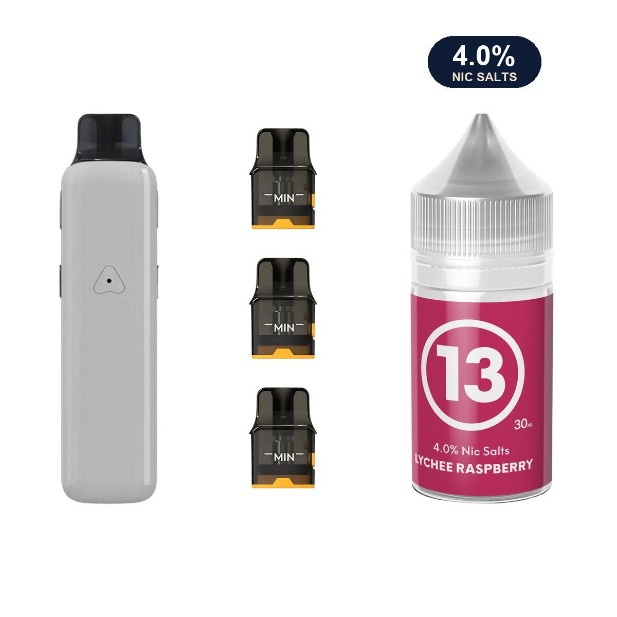 Glossy Grey AirsPops Pro II device, three refillable pods and 313 #13 Lychee Raspberry e-liquid