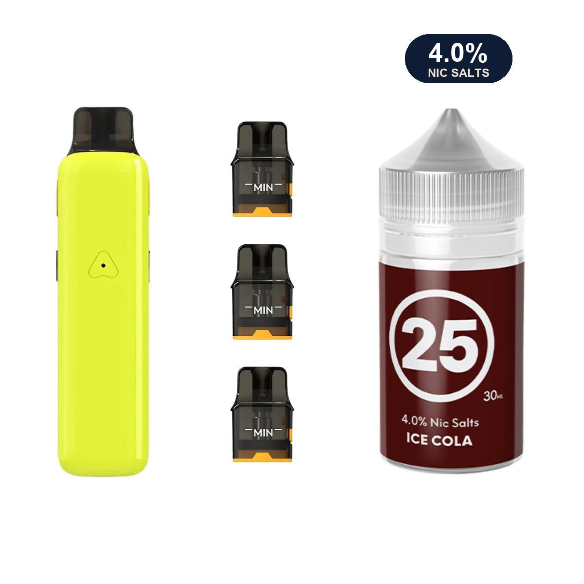 Glossy Yellow AirsPops Pro II device, three refillable pods and 313 #25 Ice Cola e-liquid