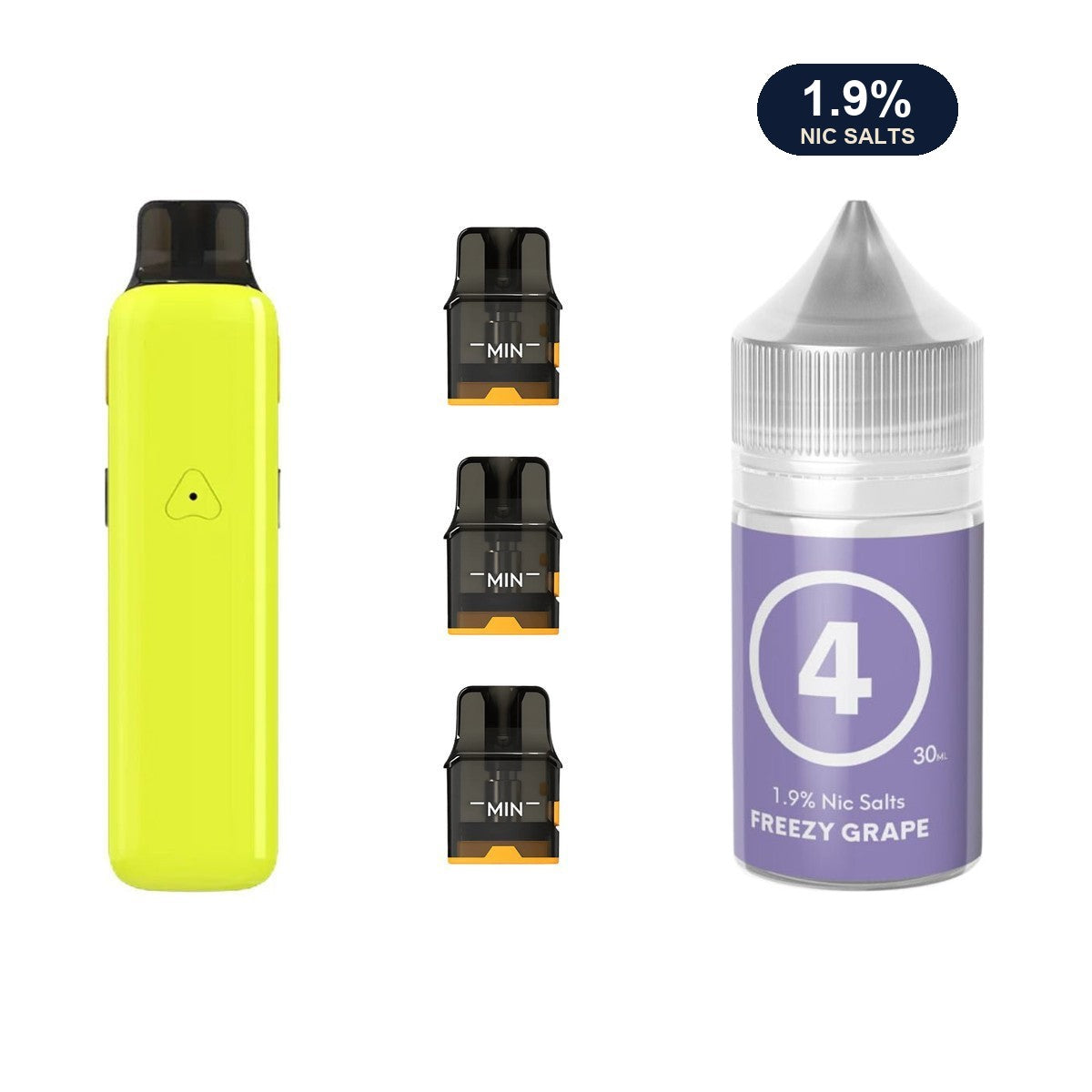 AirsPops Pro II bundle: Glossy Yellow device, refillable pods and 313 Freezy Grape 1.9% e-liquid