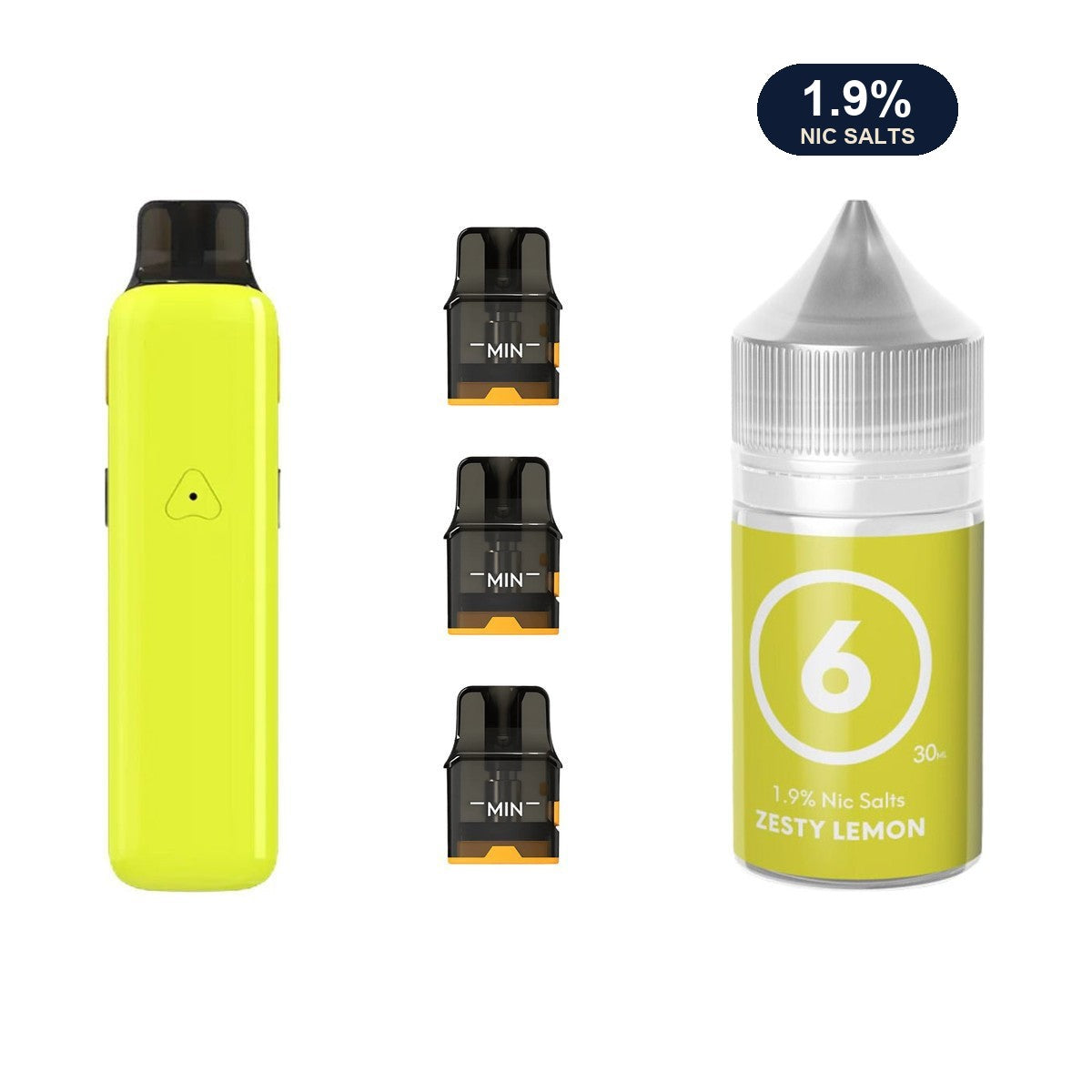 AirsPops Pro II bundle: Glossy Yellow device, refillable pods and 313 Zesty Lemon 1.9% e-liquid