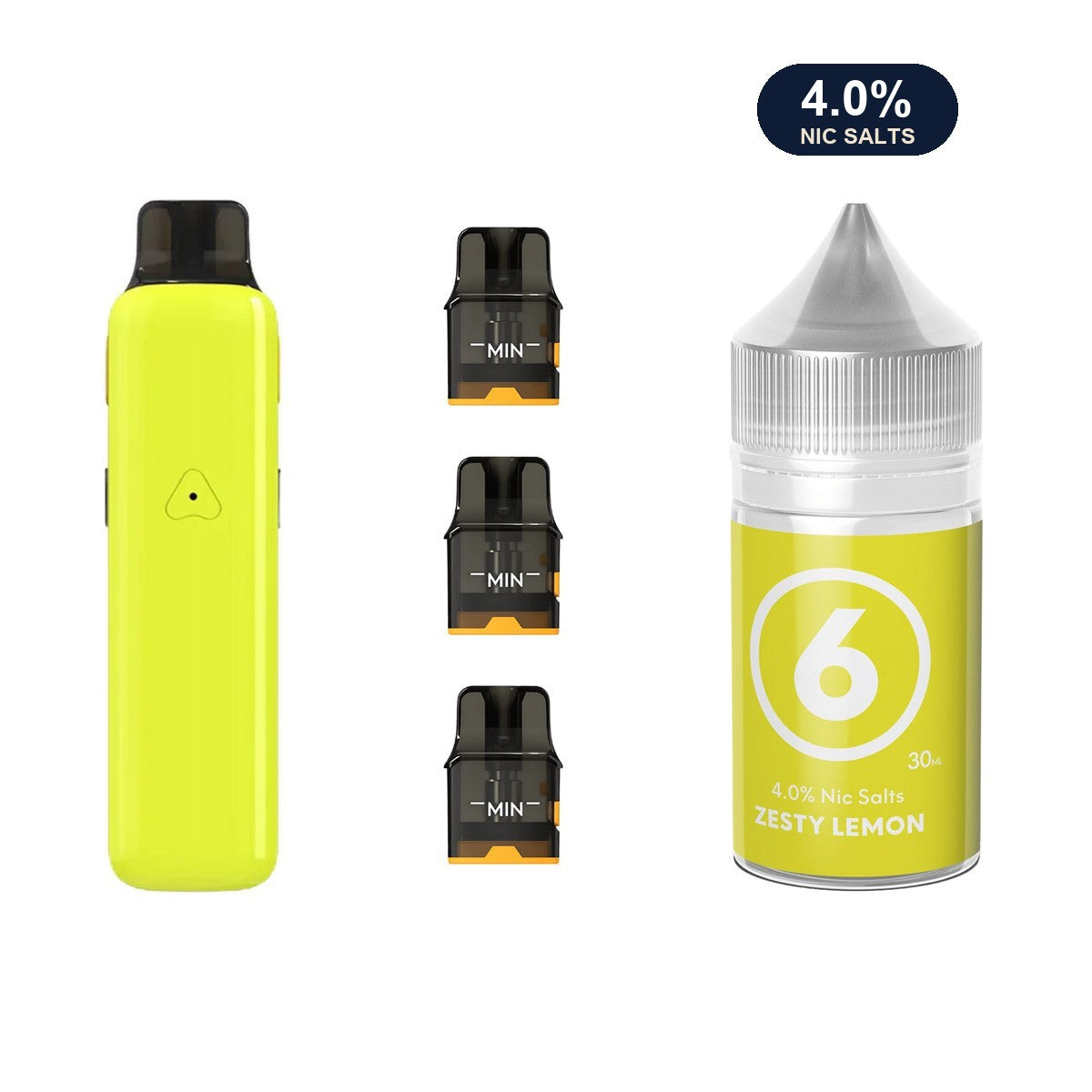 Glossy Yellow AirsPops Pro II device, three refillable pods and 313 #6 Zesty Lemon e-liquid