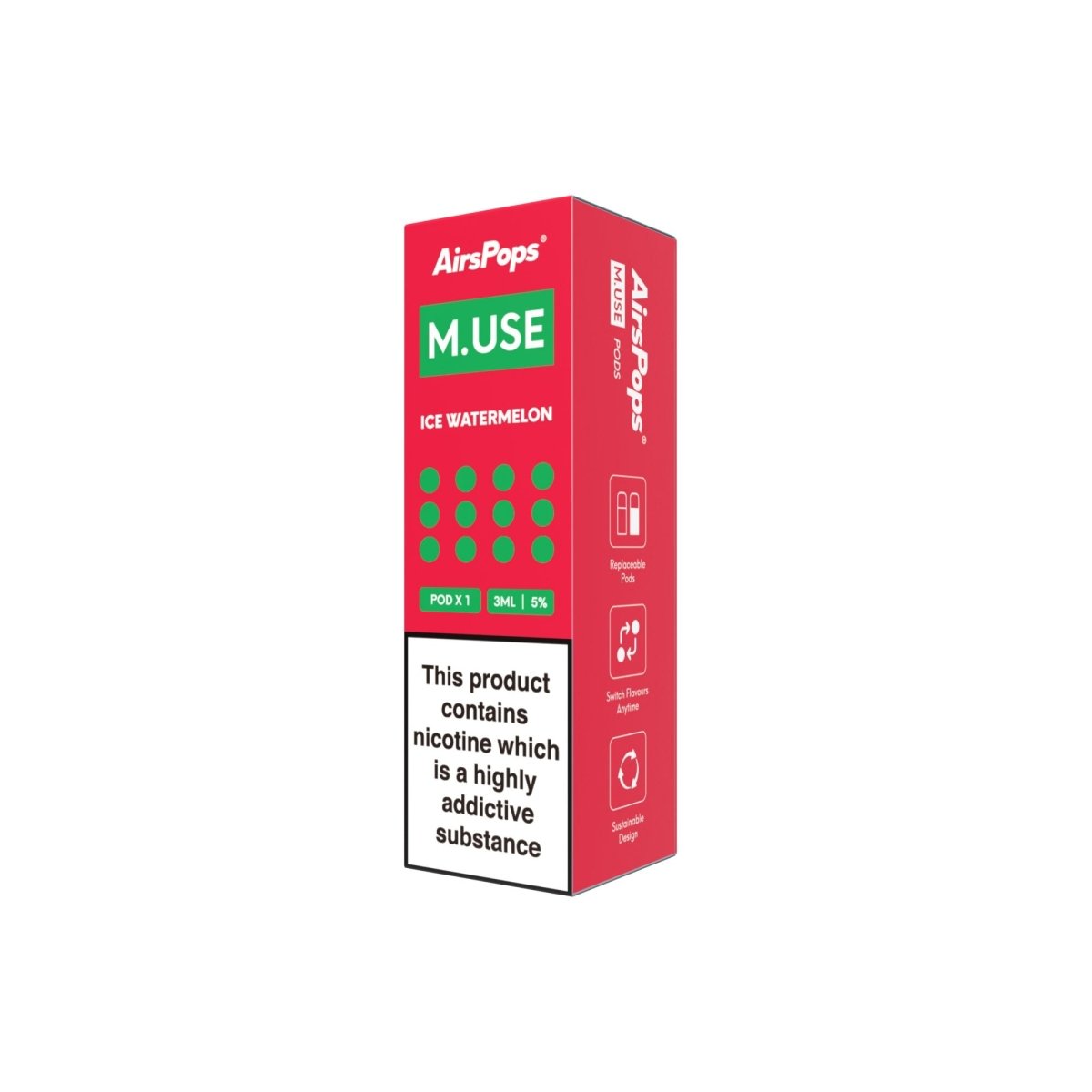Ice Watermelon AirsPops M.USE Prefilled Pods 3ml - 5% | Airscream AirsPops | Shop Buy Online | Cape Town, Joburg, Durban, South Africa