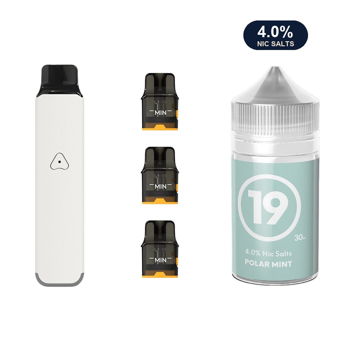 Ivory White AirsPops Pro LITE device, three refillable pods and 313 #19 Polar Mint e-liquid