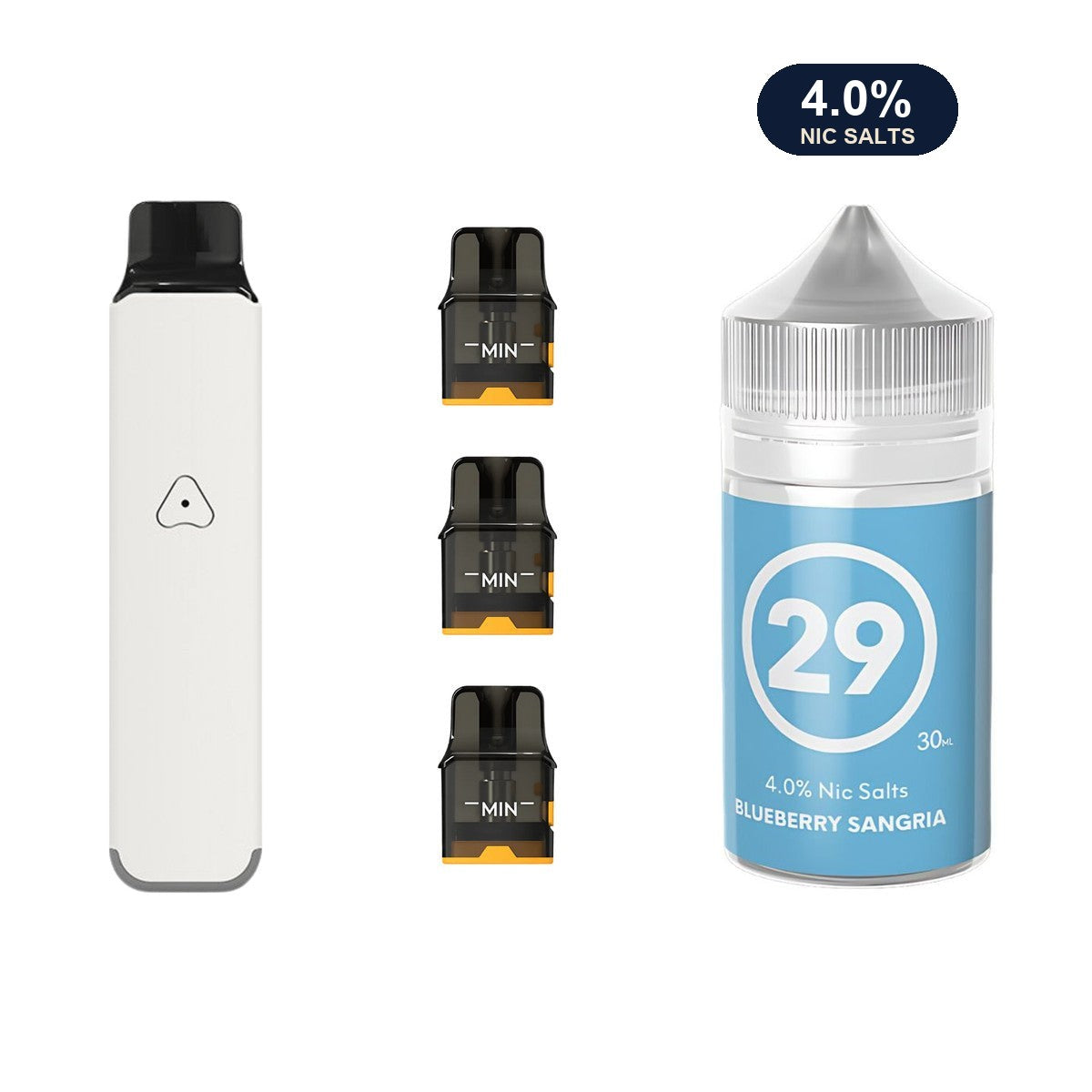Ivory White AirsPops Pro LITE device, three refillable pods and 313 #29 Blueberry Sangria e-liquid