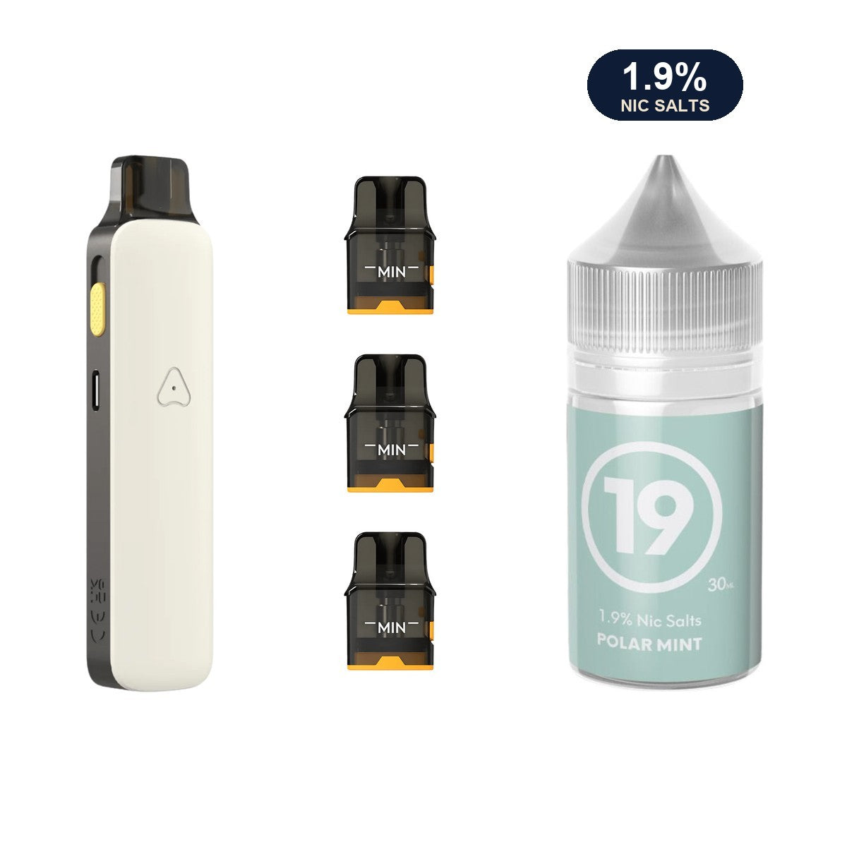 AirsPops Pro II bundle: Matte White device, refillable pods and 313 Polar Mint 1.9% e-liquid