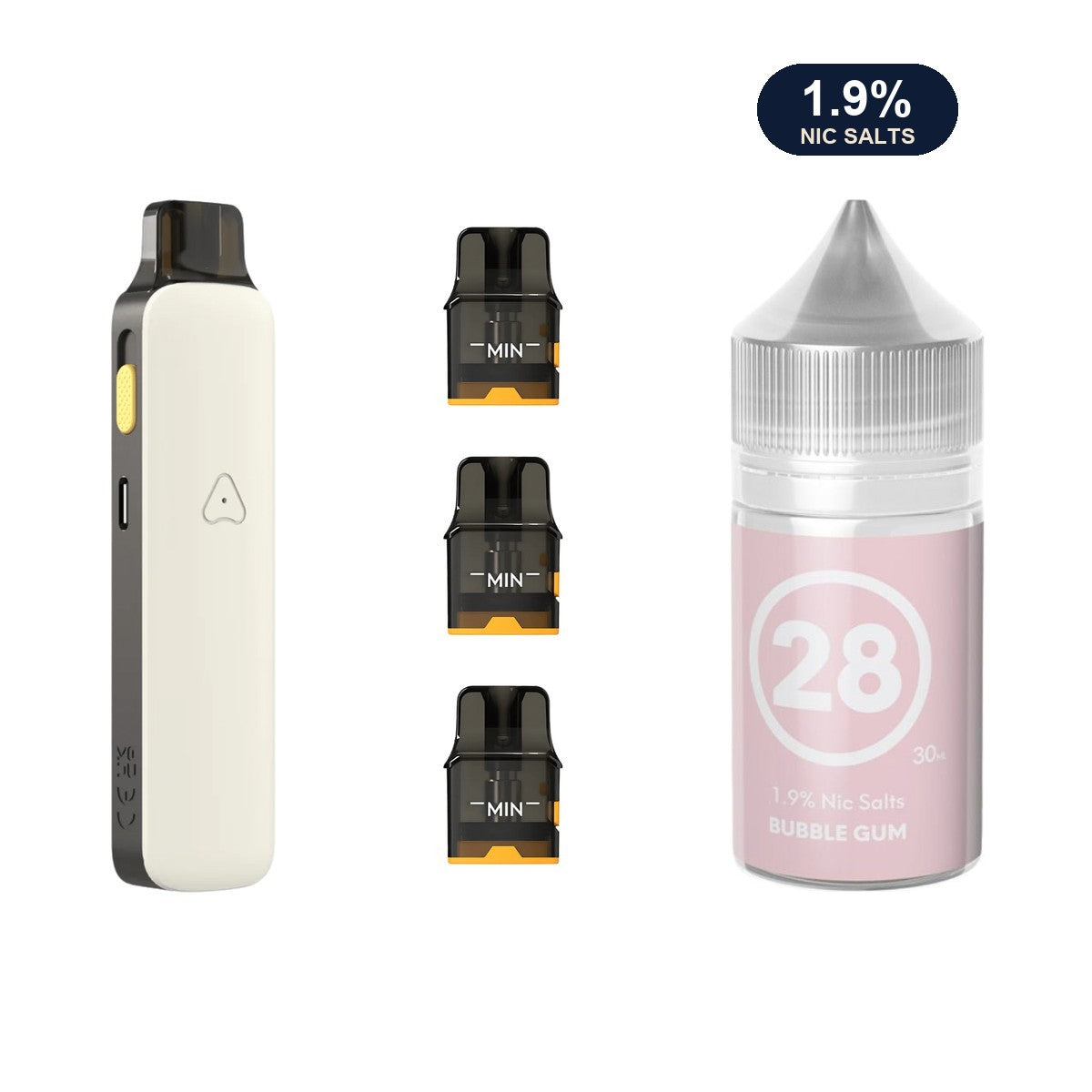 AirsPops Pro II bundle: Matte White device, refillable pods and 313 Bubblegum 1.9% e-liquid
