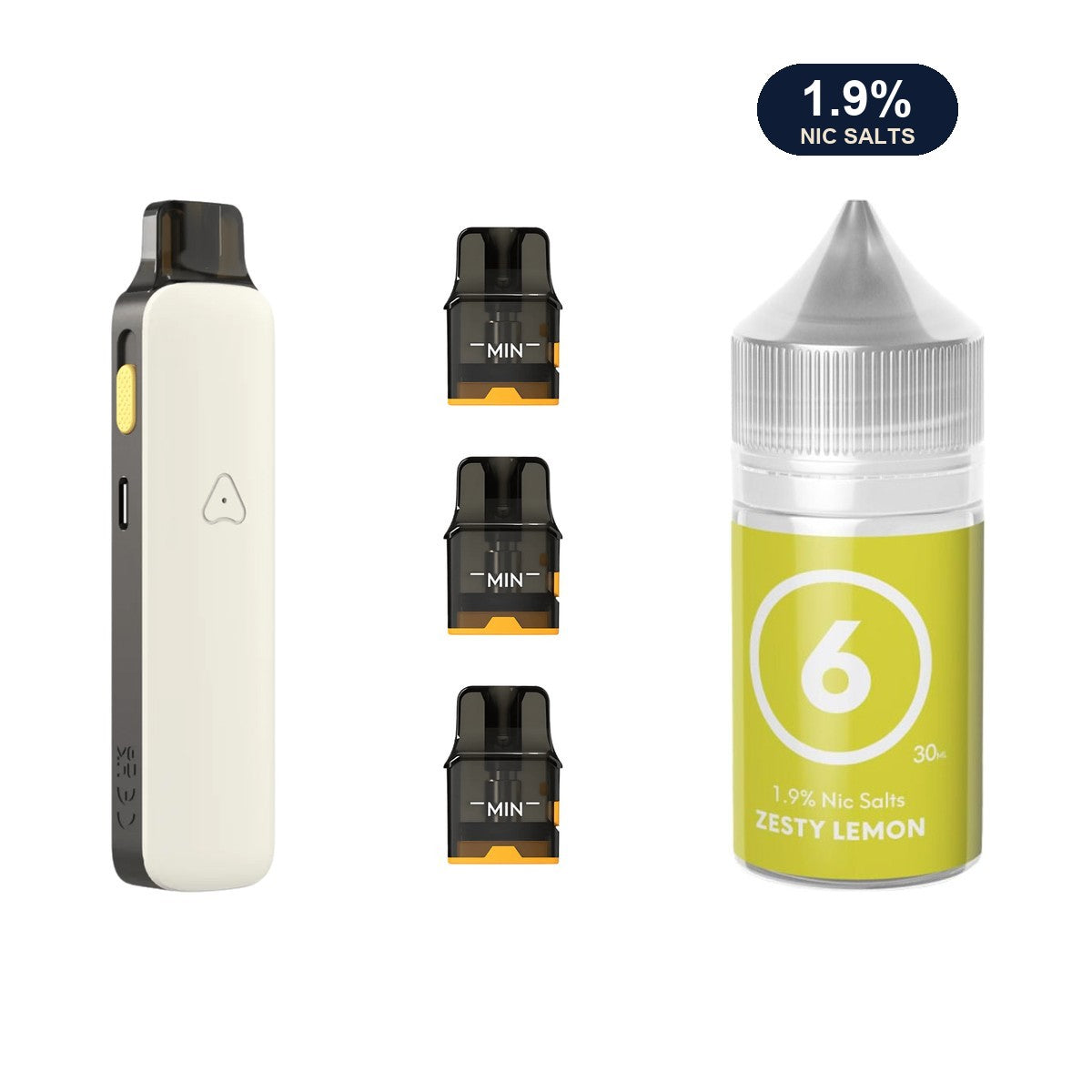 AirsPops Pro II bundle: Matte White device, refillable pods and 313 Zesty Lemon 1.9% e-liquid
