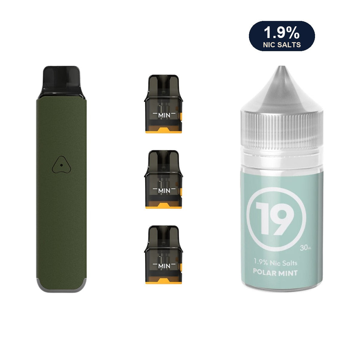 AirsPops Pro LITE bundle: Ranger Green device, refillable pods and 313 Polar Mint 1.9% e-liquid