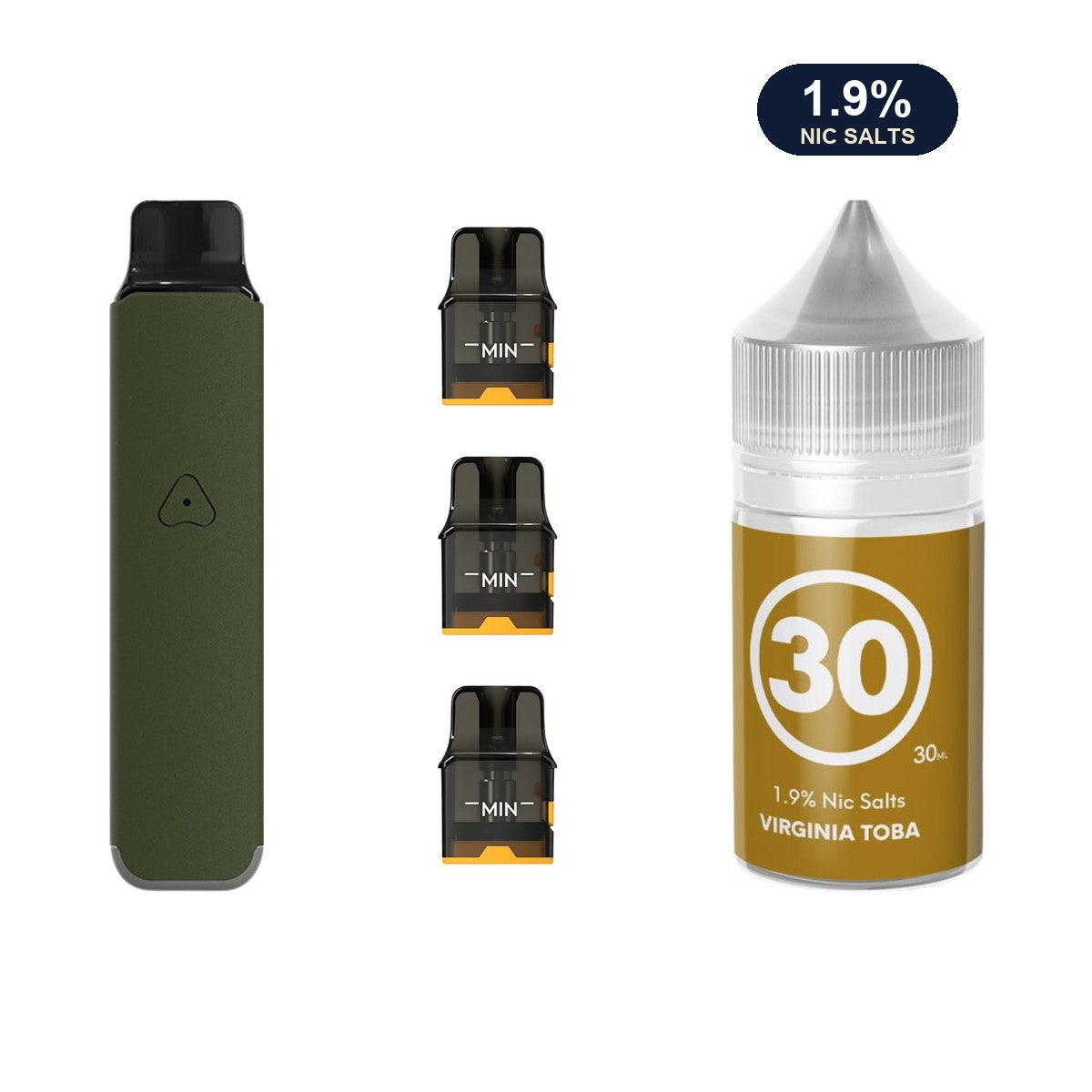 AirsPops Pro LITE bundle: Ranger Green device, refillable pods and 313 Virginia Toba 1.9% e-liquid