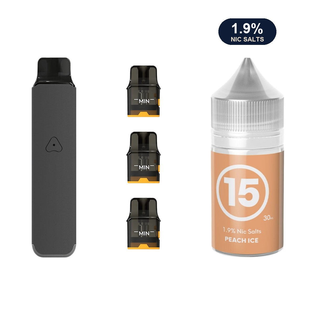 AirsPops Pro LITE bundle: Steel Grey device, refillable pods and 313 Peach Ice 1.9% e-liquid