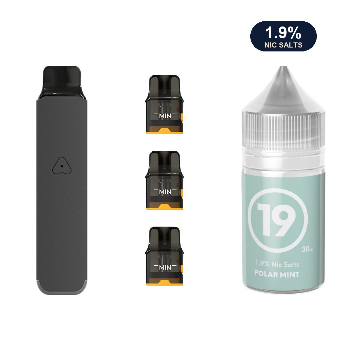 AirsPops Pro LITE bundle: Steel Grey device, refillable pods and 313 Polar Mint 1.9% e-liquid