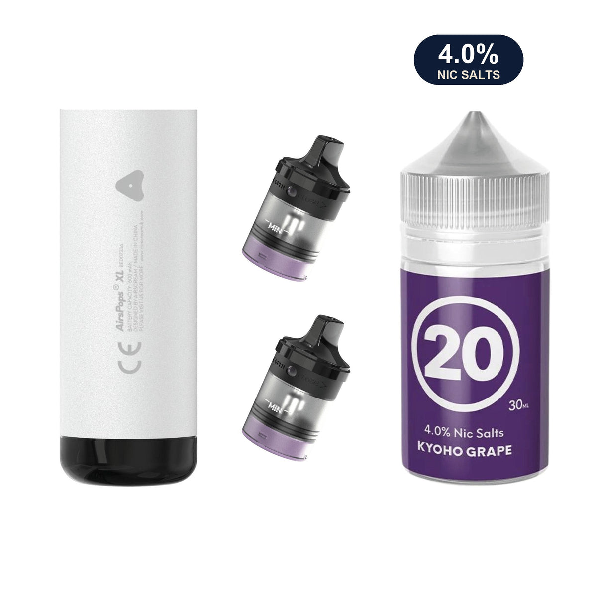 Storm Grey AirsPops XL device, two refillable pods and 313 #20 Kyoho Grape e-liquid