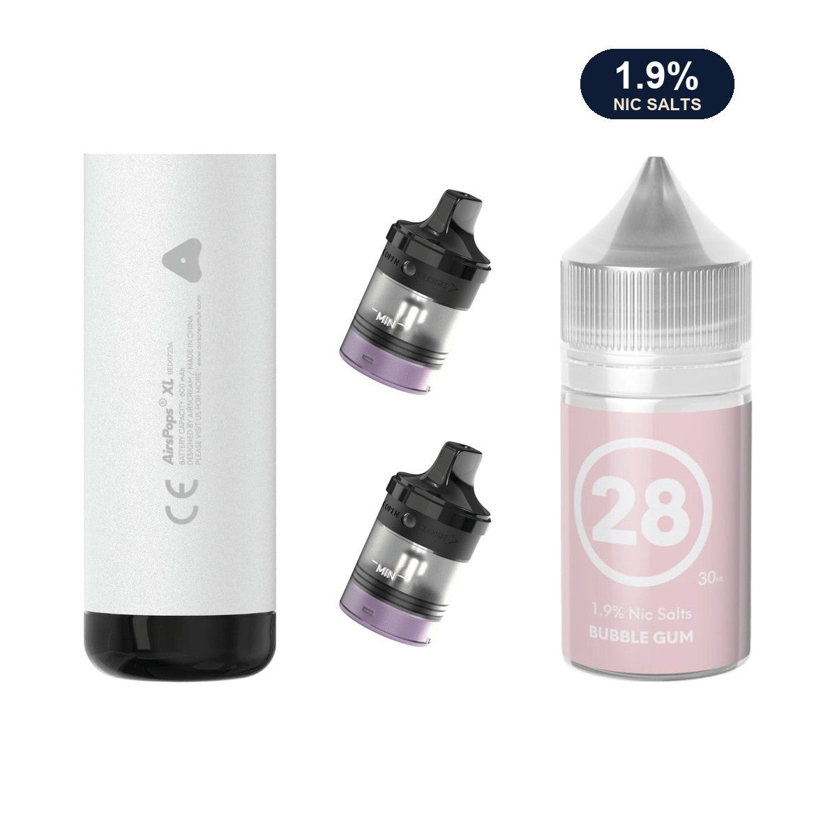 AirsPops XL refill bundle: Storm Grey device, two refillable pods and 313 Bubblegum 1.9% e-liquid