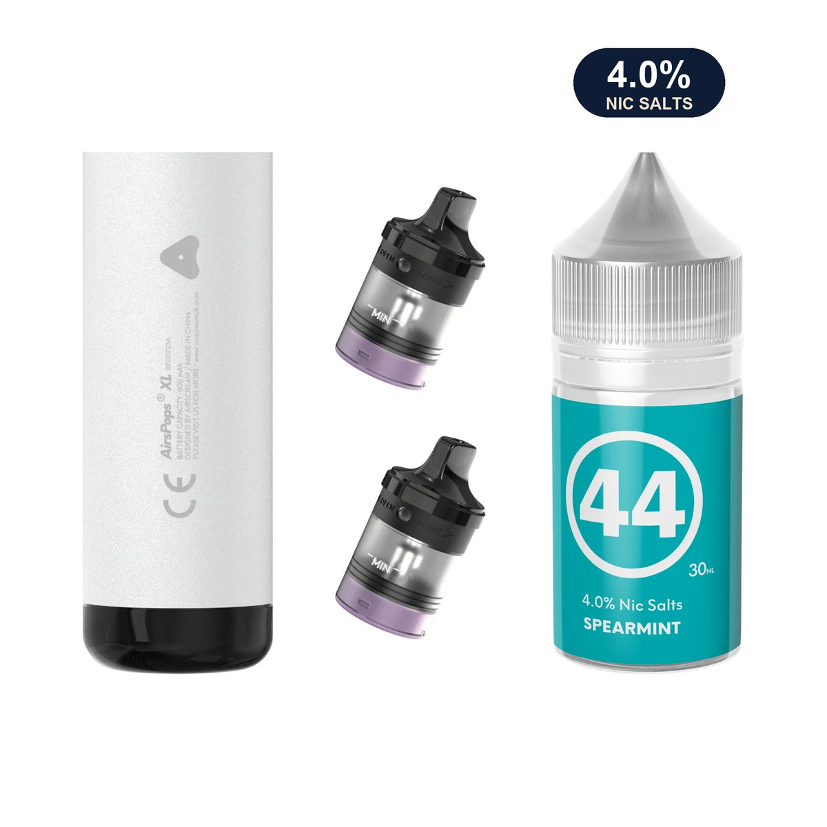 Storm Grey AirsPops XL device, two refillable pods and 313 #44 Spearmint e-liquid