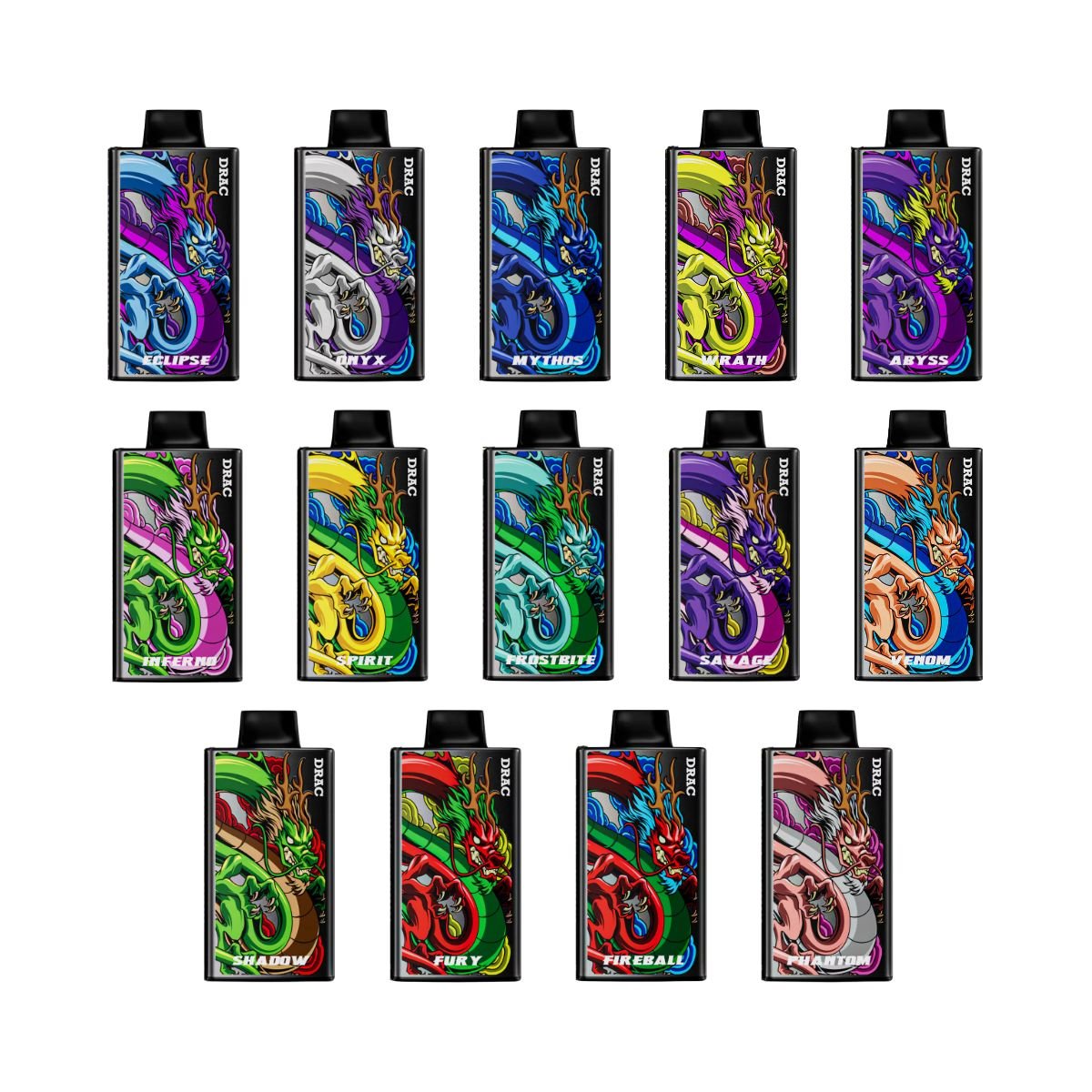 All available flavours of the Nasty Bar Dragon 25k disposable vape