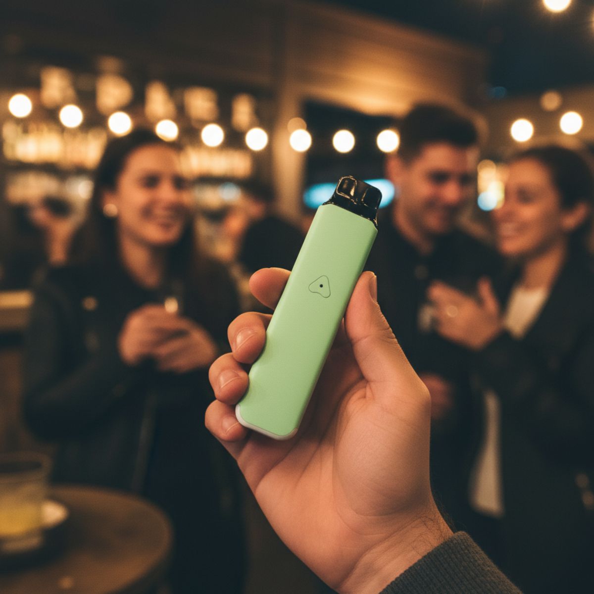 Man holding AirsPops Pro LITE Mint Green in social setting at a bar