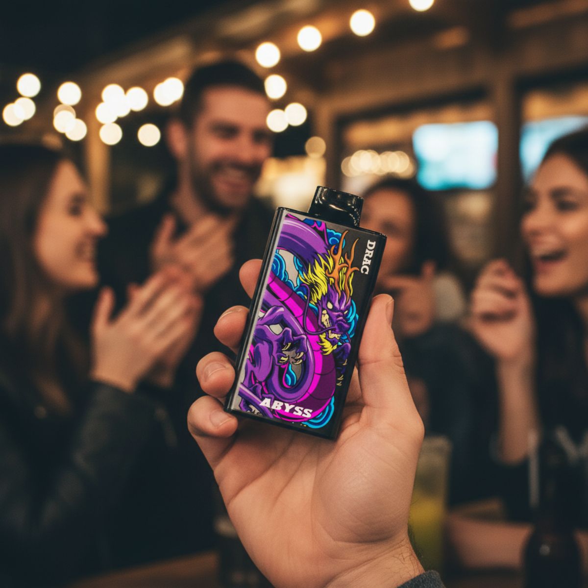 Person holding Nasty Bar Dragon 25k disposable vape in a nightlife setting