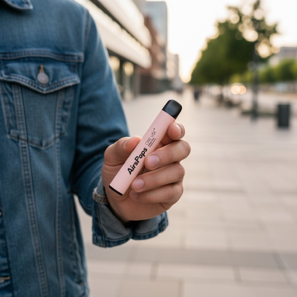 Person holding a Bubblegum pink AirsPops ONE USE 3ml device on a blurred city street background