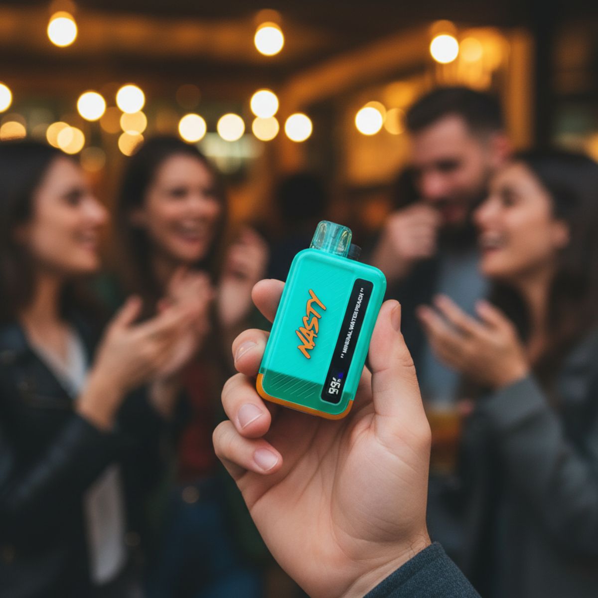 Person holding a Nasty Bar 9k in a social setting with friends