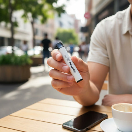 Person holding a South Pole light blue AirsPops ONE USE 3ml disposable vape at an outdoor cafe.