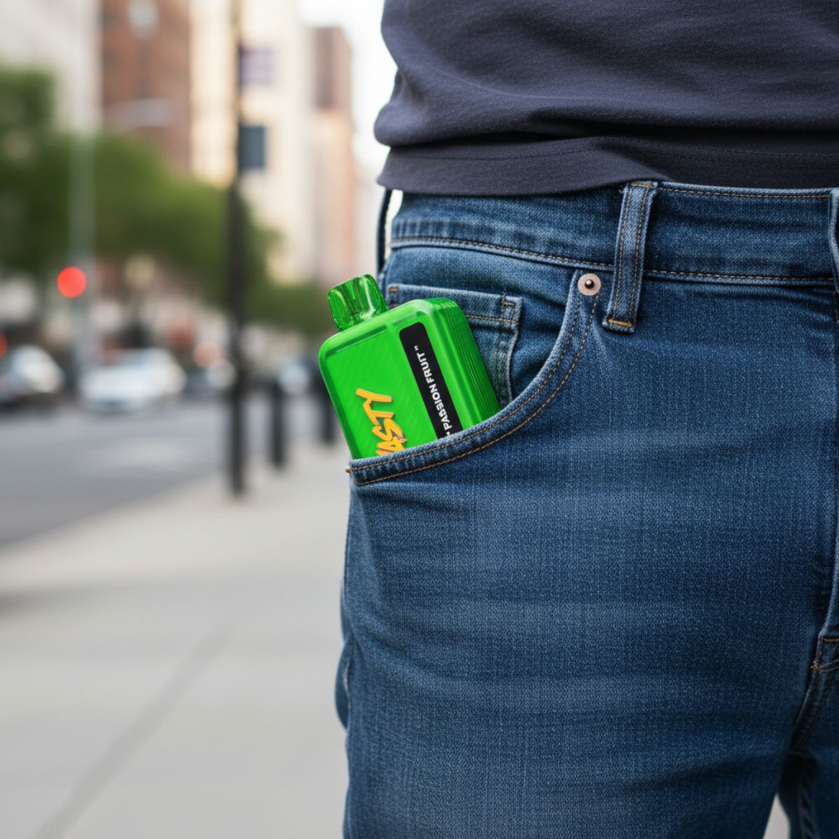Person wearing blue jeans with a green Nasty Bar 9k disposable vape in the pocket, blurred city street background