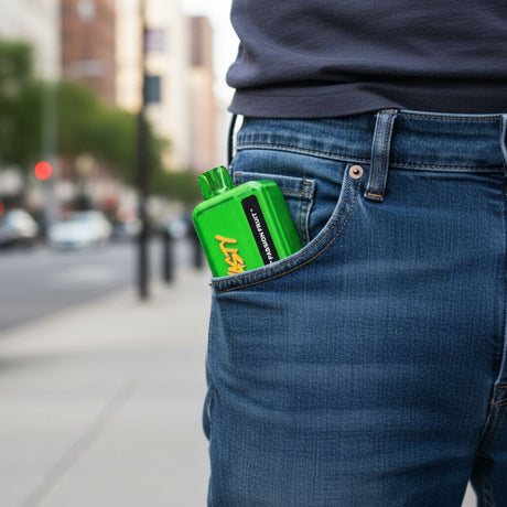 Person wearing blue jeans with a green Nasty Bar 9k disposable vape in the pocket, blurred city street background