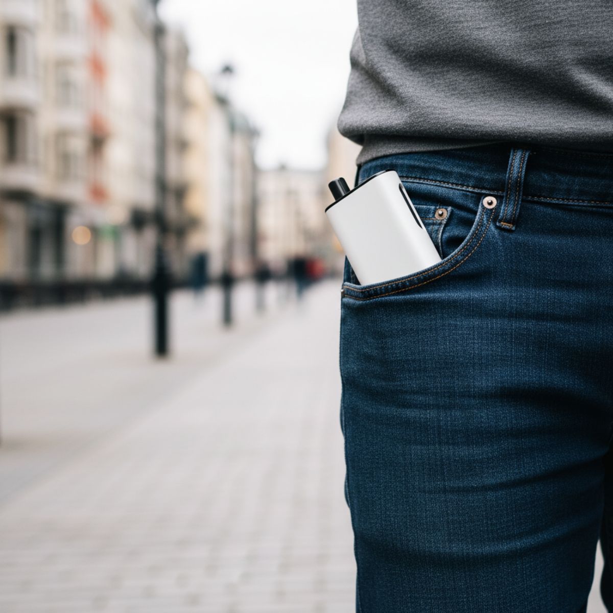 Person with a Matte White AirsPops ORKA device in their jean pocket on a street
