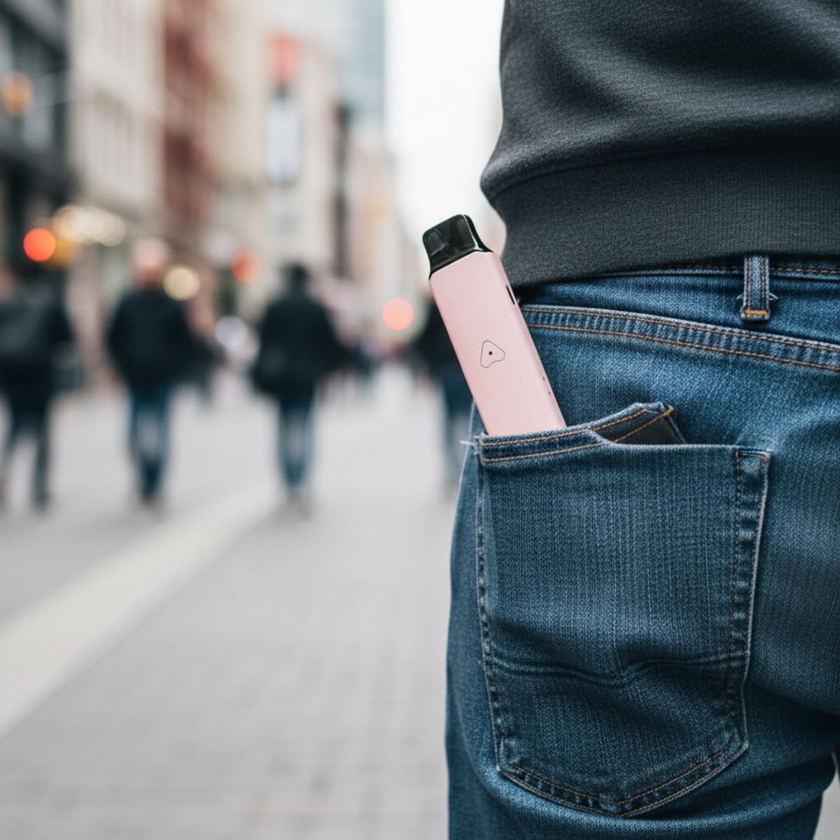 Rosy Pink AirsPops Pro LITE in back pocket of jeans on a street