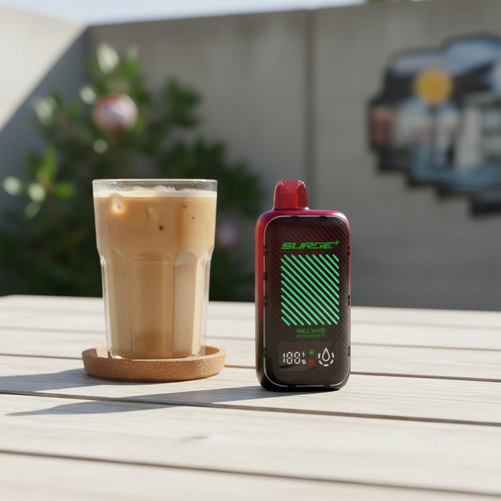 Watermelon Ice Nasty Bar Surge 55k on a table next to a cup of iced coffee