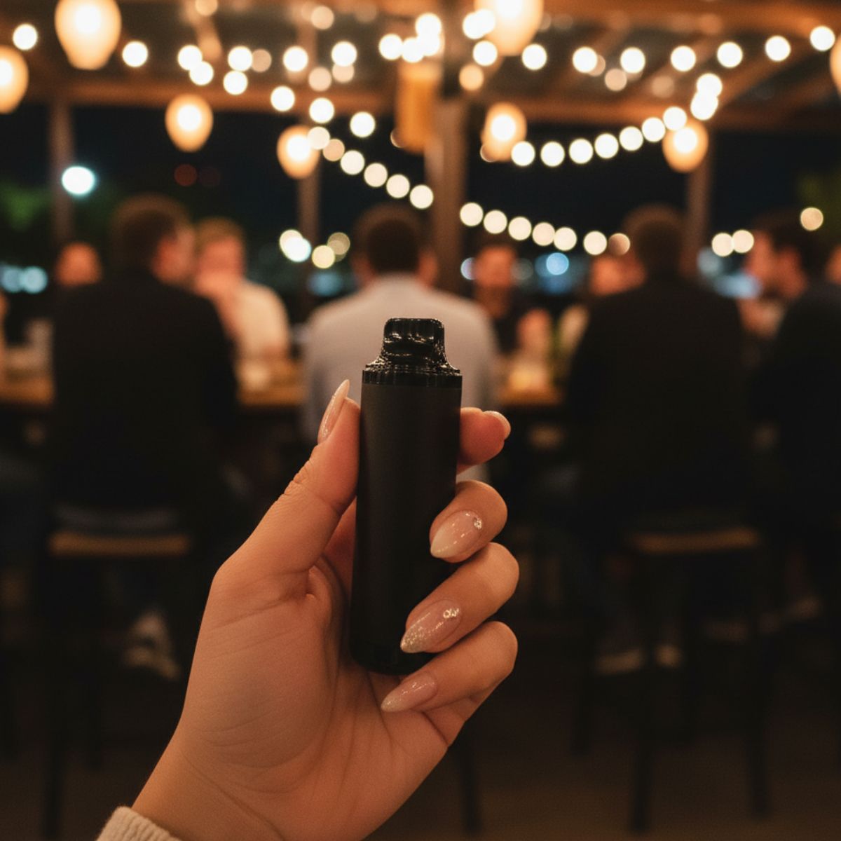 Woman holding Stealth Black AirsPops XL device with pod in it in a nightlife social setting
