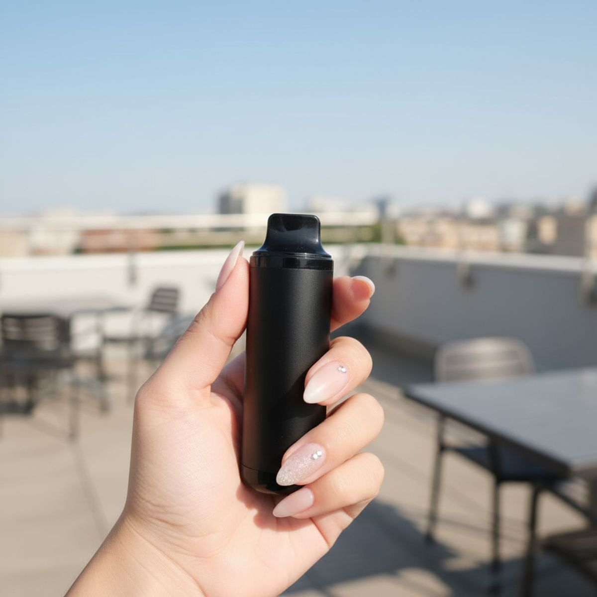 Woman holding Stealth Black AirsPops XL with a pod in it on a rooftop