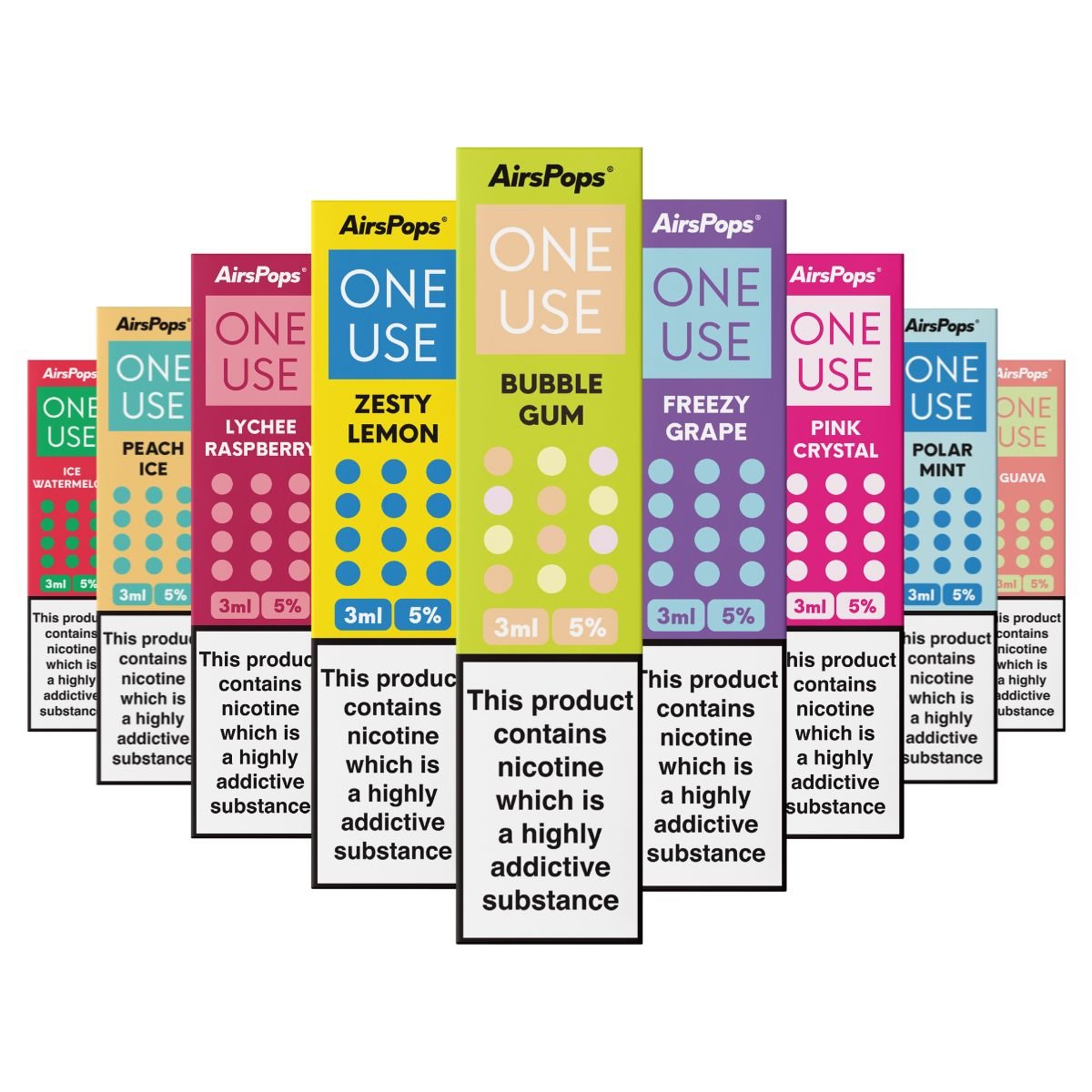 Collection of AirsPops one-use vape devices in various flavors on a white background.
