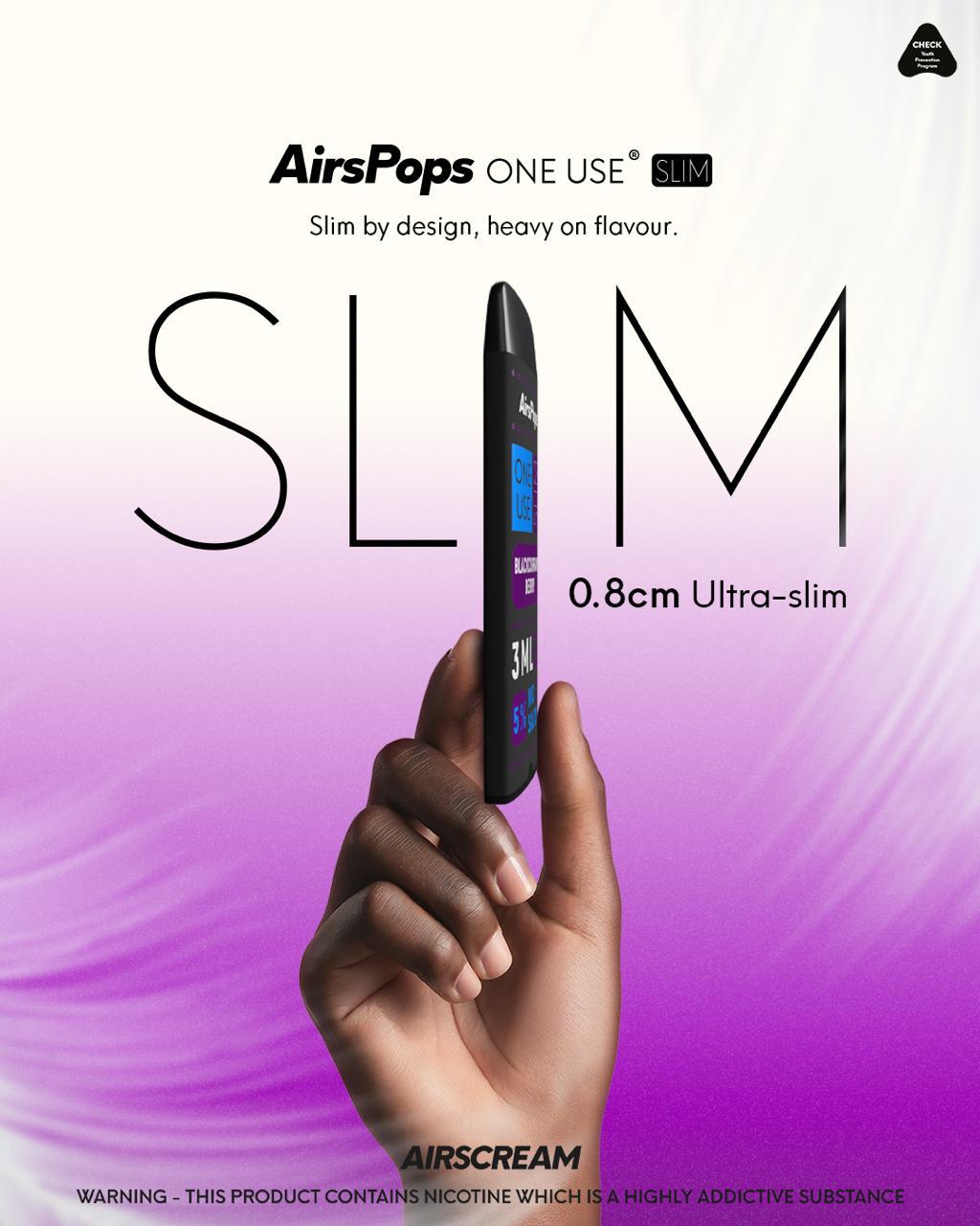 AirsPops ONE USE Slim 3ml held side-on, 0.8cm ultra-slim