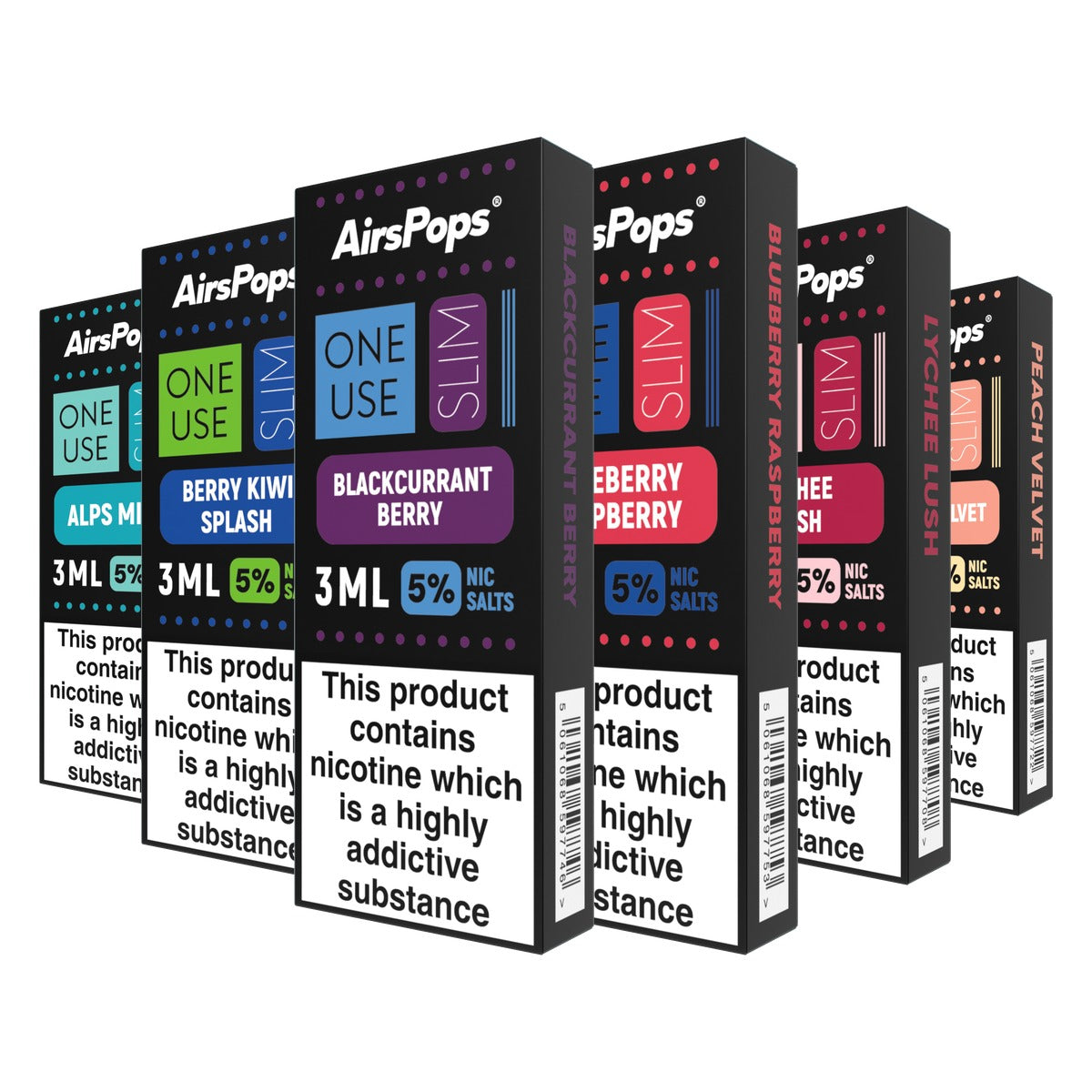 AirsPops ONE USE Slim 3ml disposable vape boxes in six flavours