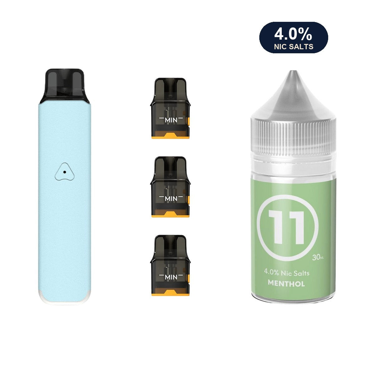 Aqua Blue AirsPops Pro LITE device, three refillable pods and 313 #11 Menthol e-liquid