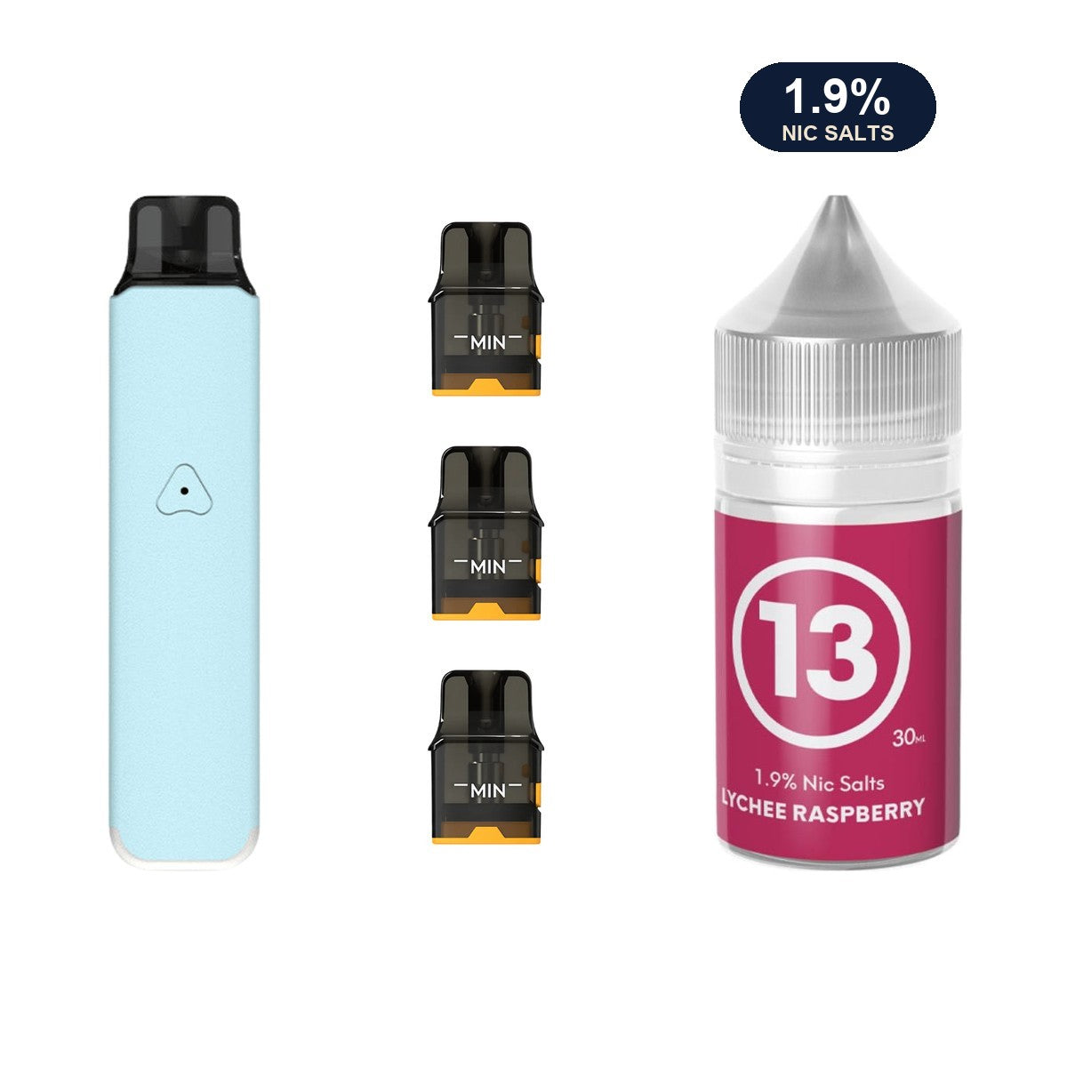 AirsPops Pro LITE bundle: Aqua Blue device, refillable pods and 313 Lychee Raspberry 1.9% e-liquid