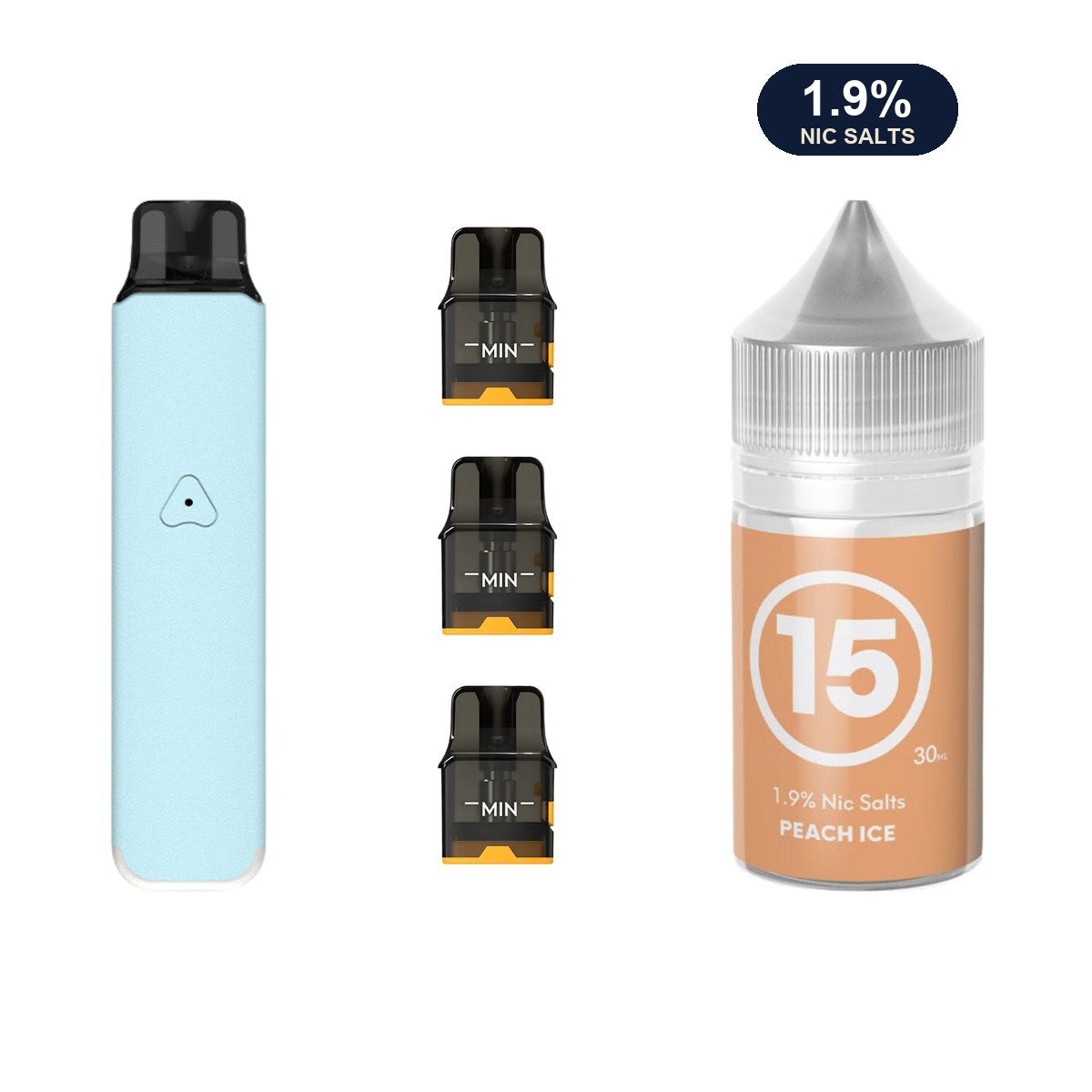 AirsPops Pro LITE bundle: Aqua Blue device, refillable pods and 313 Peach Ice 1.9% e-liquid