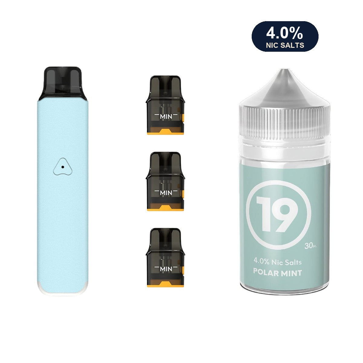 Aqua Blue AirsPops Pro LITE device, three refillable pods and 313 #19 Polar Mint e-liquid