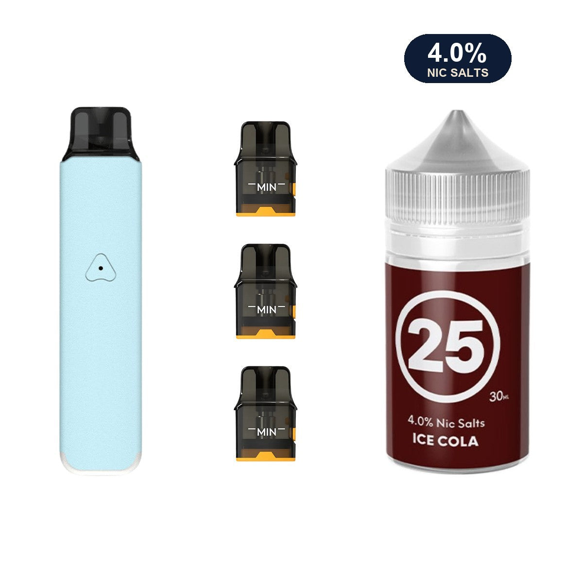 Aqua Blue AirsPops Pro LITE device, three refillable pods and 313 #25 Ice Cola e-liquid