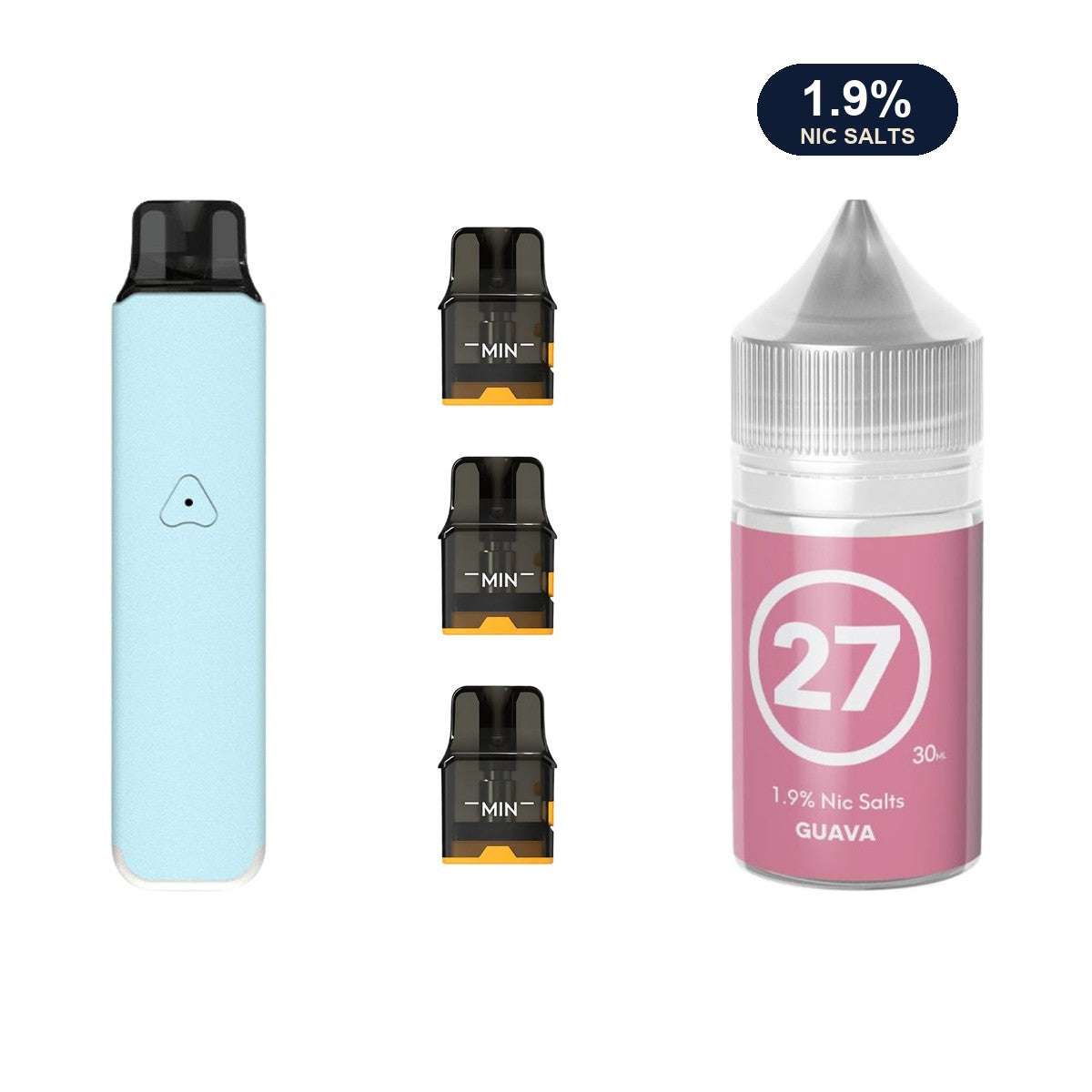 AirsPops Pro LITE bundle: Aqua Blue device, refillable pods and 313 Guava 1.9% e-liquid